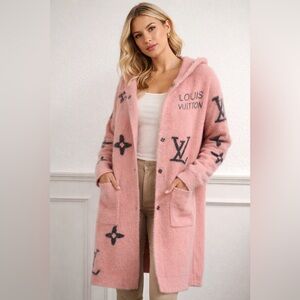 Pink Designer Monogram Style Fuzzy Hooded Cardigan Sweater